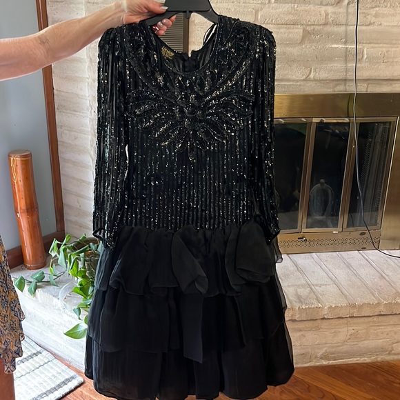 Black sparkly long sleeved ruffled dress - Picture 1 of 3